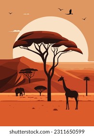 African savannah landscape with giraffe, trees and birds vector illustration