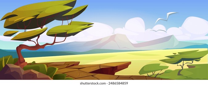 Afrikanische Savannenlandschaft mit grünem Grasland, Bäumen und Büschen, Felsbergen und blauem sonnigen Himmel mit Wolken. Cartoon-Vektorillustration der afrikanischen Wüste Naturkulisse für Safaritourismus.