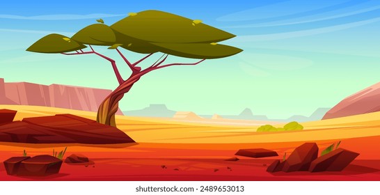 Paisaje de sabana africana con árbol verde. Ilustración de dibujos animados de Vector de paisaje de verano con llanura arenosa, piedras en el suelo, cañón rocoso en el horizonte, cielo azul sin nubes, fondo de vida silvestre exótica