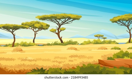 African savannah landscape with green trees, and plain grassland field under blue clear sky, river and jungle plants. Kenya panoramic view, mountains and skyline, wild nature