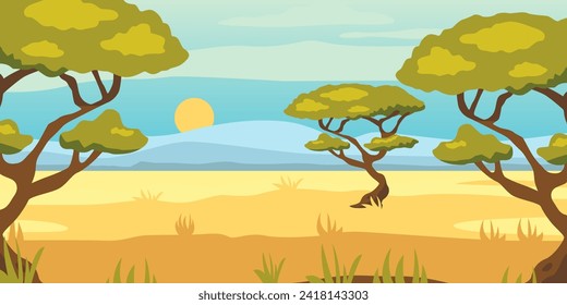 African savannah landscape with green trees, and plain grassland field under blue clear sky, river and jungle plants. Kenya panoramic view, mountains and skyline, wild nature
