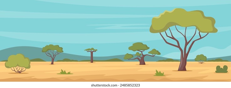 African savannah landscape with green trees, and plain grassland field under blue clear sky. Kenya panoramic view, wild nature. Vector