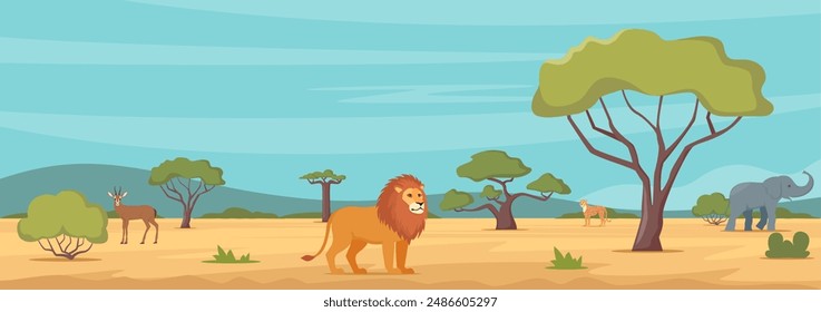 Paisaje de sabana africana con árboles y animales verdes. Kenia vista panorámica, naturaleza salvaje. Habitantes de la selva en la zona del zoológico, criaturas exóticas, vida silvestre de África. Vector