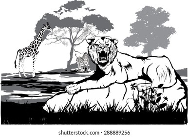 African savannah landscape illustration. Lion on stone, grass and trees all black white colors
