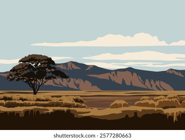 African savannah landscape illustration with mountain