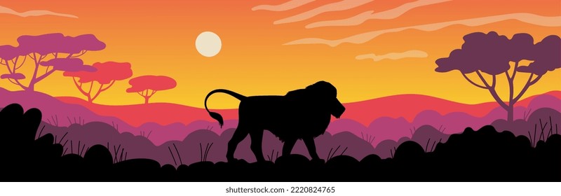 African savannah landscape with lion silhouette, flat vector illustration. Sunset in Africa, wildlife drawing. Lion king walking in savannah. Concepts of animals in wildlife.