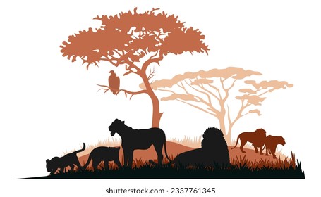 African savannah landscape with lion silhouettes. Vector illustration.	
