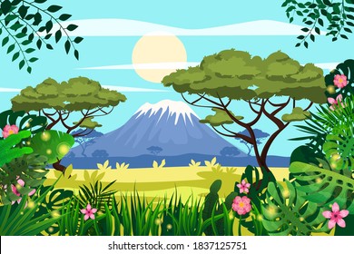 African savannah landscape, mountains, rainforest jungle scenery silhouette. Bright flora with ferns and flowers. Vector illustration isolated cartoon style