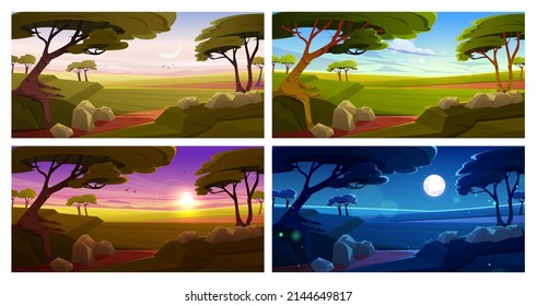 African savannah landscape at night, morning, day and evening time. Wild nature of Africa cartoon backgrounds set with trees, rocks and plain grassland field. Kenya panoramic scene Vector illustration