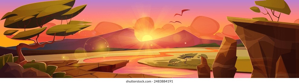 African savannah landscape on sunset or sunrise. Dusk or dawn Africa desert nature scenery with river and grassland, trees and bushes, rock mountains and sun on pink and orange sky with clouds.