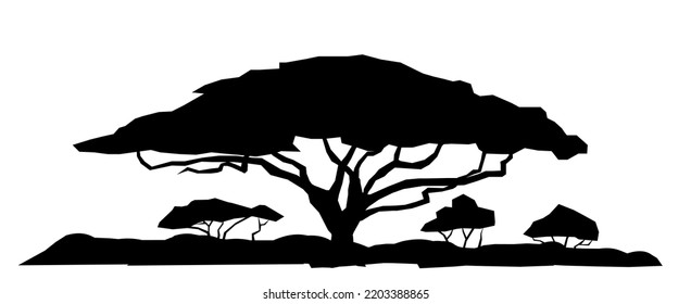 African savannah landscape. Silhouette picture. Africa acacia tree. Isolated on white background. Vector.