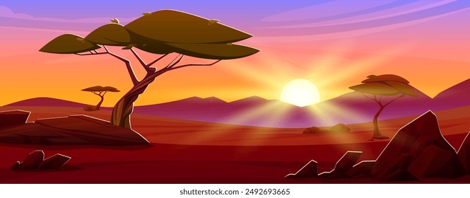 Paisaje de la sabana africana al atardecer. Ilustración de dibujos animados de Vector del paisaje de la tarde de verano con la llanura de arena, árboles verdes, piedras en el suelo, sol brillante que brilla detrás de las montañas rocosas en el horizonte