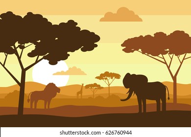 african savannah landscape with trees animals at sunset