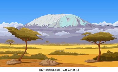 African savannah landscape, trees and pasture fields against the backdrop of the Kilimanjaro mountain range. Hand drawing, contour line. Wildlife scene,Tanzania panoramic view, vector illustration.