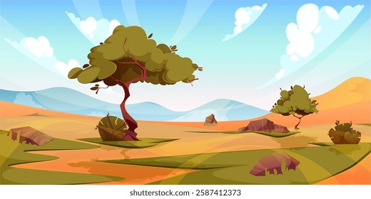 African savannah landscape with trees and plain grassland field under blue clear sky. Vector jungle plants and sand environments. Kenya panoramic view, mountains and skyline, wild nature