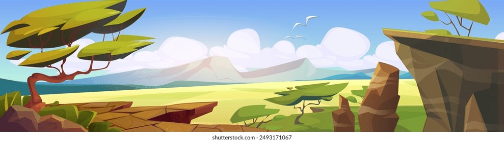 African savannah landscape with trees. Vector cartoon illustration of beautiful summer scenery with plain grassland, green hills, birds flying in blue sky with clouds, Serengeti wildlife background