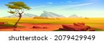 African savannah landscape, wild nature of Africa, cartoon background with green tree, rocks and plain grassland field under blue clear sky. Kenya panoramic view, parallax scene, Vector illustration