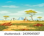 African savannah landscape, wild nature of Africa, cartoon background with green tree, rocks and plain grassland field under blue clear sky. Kenya panoramic view, parallax scene, Vector illustration