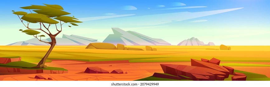 African savannah landscape, wild nature of Africa, cartoon background with green tree, rocks and plain grassland field under blue clear sky. Kenya panoramic view, parallax scene, Vector illustration