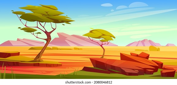African Savannah Landscape, Wild Nature Of Africa, Cartoon Background With Green Trees, Rocks And Plain Grassland Field Under Blue Clear Sky. Kenya Panoramic View, Parallax Scene, Vector Illustration
