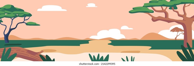 African Savannah Landscape, Wild Nature of Africa, Cartoon Background With Green Trees, Pond, Rocks and Plain Grassland Field Under Pink Sky. Kenya Panoramic View, Parallax Scene. Vector Illustration