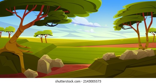 Afrikanische Savanne Landschaft, wilde Natur Afrikas, Cartoon-Hintergrund mit grünen Bäumen, Felsen und einfarbiges Grasland Feld unter blauem bewölktem Himmel. Kenya-Panoramasicht, Parallaxe-Szene, Vektorgrafik