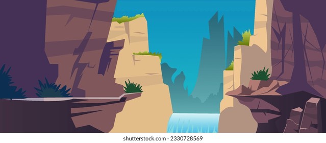 African savannah landscape, wild nature of Africa, cartoon background with green tree, rocks and plain grassland field under blue clear sky. Kenya panoramic view, parallax scene, Vector illustration