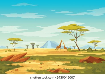 African savannah landscape, wild nature of Africa, cartoon background with green tree, rocks and plain grassland field under blue clear sky. Kenya panoramic view, parallax scene, Vector illustration