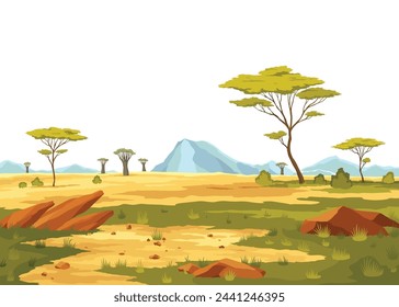 Afrikanische Savannenlandschaft, wilde Natur Afrikas, Zeichentrickhintergrund mit grünen Bäumen, Felsen und flachem Grasland Feld unter blauem klaren Himmel. Kenia Panoramablick, Parallaxenszene, Vektor-Illustration