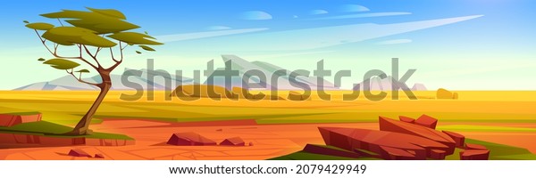 African savannah landscape, wild nature of\
Africa, cartoon background with green tree, rocks and plain\
grassland field under blue clear sky. Kenya panoramic view,\
parallax scene, Vector\
illustration