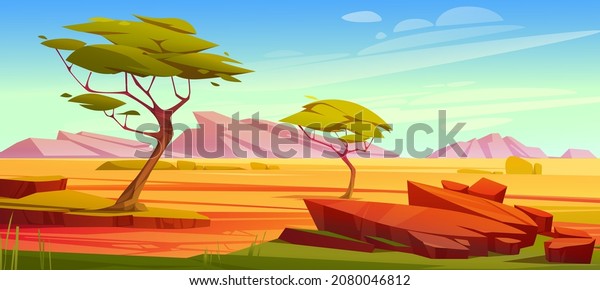 African savannah landscape, wild nature of\
Africa, cartoon background with green trees, rocks and plain\
grassland field under blue clear sky. Kenya panoramic view,\
parallax scene, Vector\
illustration