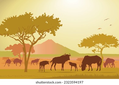African savannah landscape with wildebeest silhouettes, midday sun, yellow background. Vector illustration.