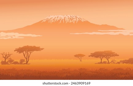 African Savannah and Mount Kilimanjaro at the Evening, vector illustration isolated, eps