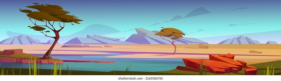 African savannah with river and acacia trees at sunset. Vector cartoon panoramic illustration of savanna landscape with green grass, water stream and mountains on horizon