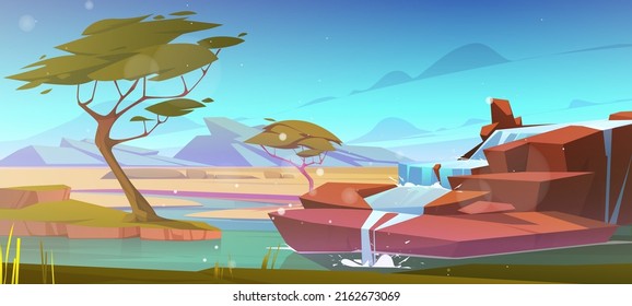 African savannah with river, waterfall, acacia trees and mountains on horizon. Vector cartoon illustration of savanna landscape with green grass, water stream falling from stones in evening