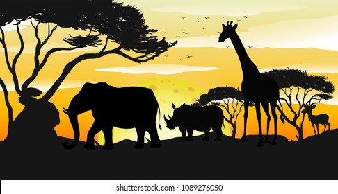 African Savannah Silhouette Sunset Scene Illustration Stock Vector ...