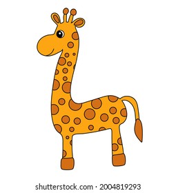 African savannah standing giraffe isolated in cartoon style. Educational zoology illustration, coloring book picture.