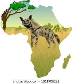 African savannah with striped hyena - vector illustration