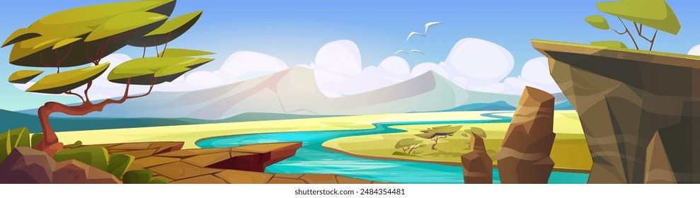 African savannah sunny landscape with blue water in river, green grassland and acacia trees, bushes and rock mountains. Cartoon vector Africa desert nature scenery with white clouds on blue sky.