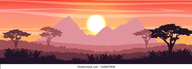 African Savannah at sunset. Acacia trees, grass, mountains, sky, sun and clouds. Realistic vector landscape. The nature of Africa. Reserves and national parks.