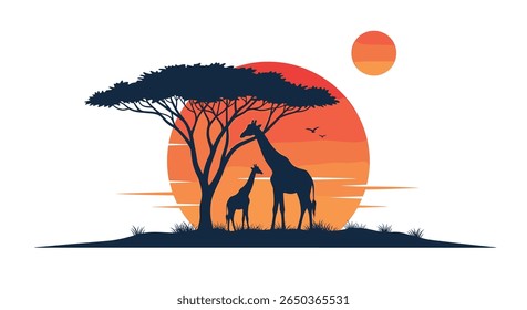 Pôr do sol de savana africana com girafas sob uma árvore de acácia e sol distante