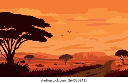 Paisagem do pôr do sol da savana africana. Panorama da natureza.