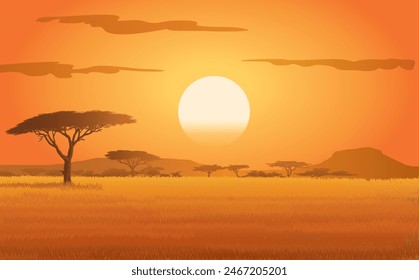 Atardecer y sabana africana, Ilustración vectorial aislada, eps