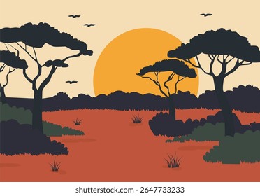 Savana Africana e Sunset, ilustração vetorial isolada. Ilustração do Dia Mundial da África. Pôr do sol na África, vetor de paisagem de savana. Uma visão natural da flora e da fauna