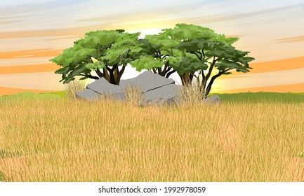 African Savannah. Tall Dry Grass And A Group Of Trees And Stones On The Horizon. Wildlife Of Africa. Realistic Vector Landscape