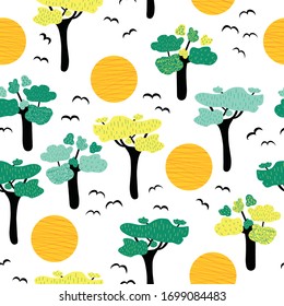 African savannah trees seamless vector pattern. Repeating nature landscape background trees, sunset, wild birds on white backdrop. Wild African nature pattern. Use for fabric, wallpaper, wrapping