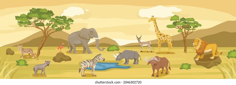 African Savannah Wild Animal Set. Lion, Rhino, Zebra, Buffalo, Giraffe, Flamingo, Leopard, Gazelle, Elephant, Hyena. Flat Vector Illustration. Animals of Africa. Savannh Landscape Banner