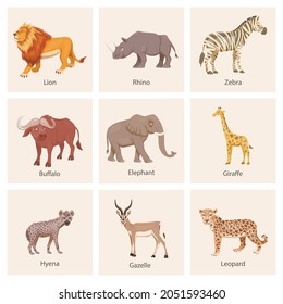 African Savannah Wild Animal Set. Lion, Rhino, Zebra, Buffalo, Giraffe, Flamingo, Leopard, Gazelle, Elephant, Hyena. Flat Vector Illustration. Animals of Africa. Savannh Safari Concept