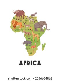 African Savannah Wild Animal Set, African Continent. Lion, Rhino, Zebra, Buffalo, Giraffe, Flamingo, Leopard, Gazelle, Elephant, Hyena. Vector Illustration. Animals of Africa. Savannh Safari Concept