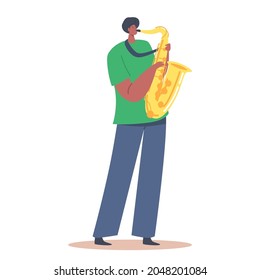 African Sax Player Blowing Musician Composition. Male Character Playing Saxophone Isolated on White Background. Music Jazz Band Entertainment, Concert. Cartoon People Vector Illustration